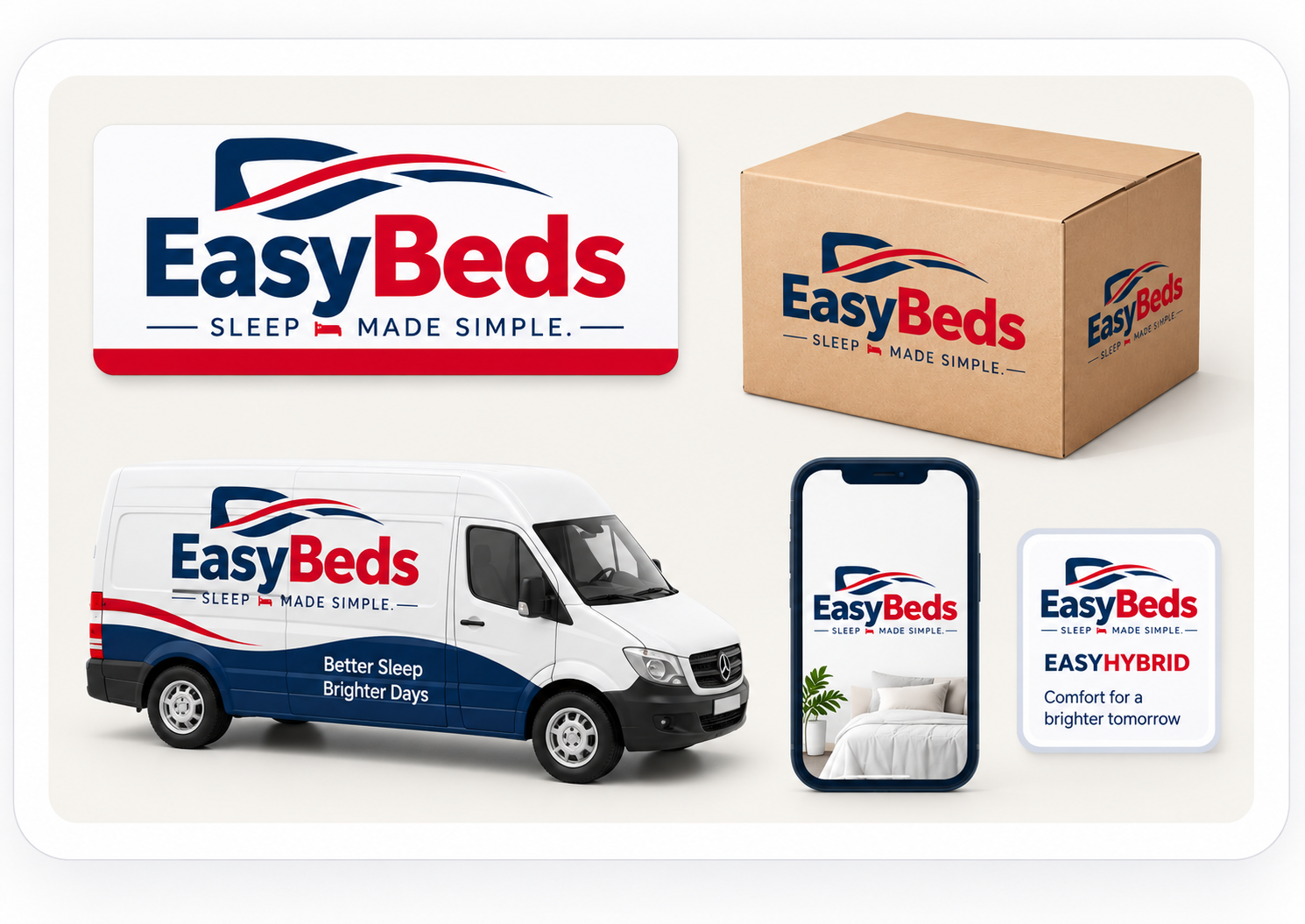 EasyBeds logo, packaging, delivery van and digital brand applications